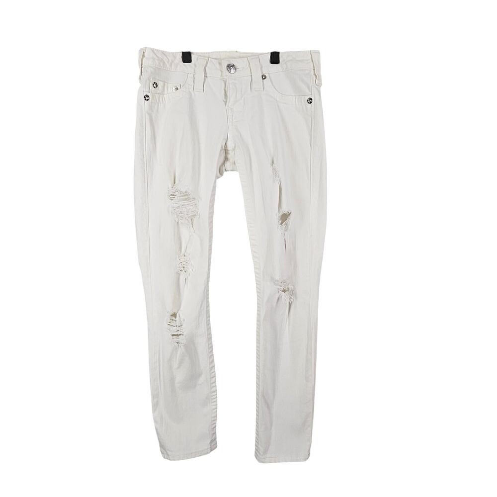 TRUE RELIGION WOMEN'S WHITE DISTRESSED SKINNY JEANS – SIZE 25 – HORSESHOE STITCH